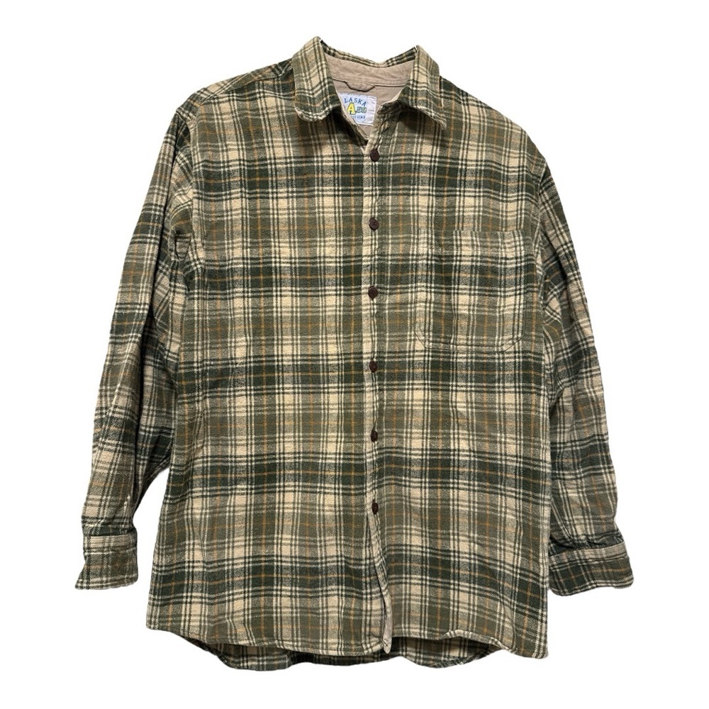 Alaska Wilderness Gear Flannel Shirt Plaid Green and Tan 100% cotton Size Large